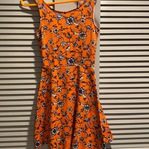 Orange and blue floral patterned flare midi dress